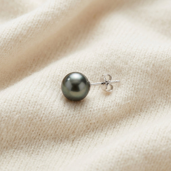 Black Sea Cultured Pearl Earrings in 14K White Gold - flat lay