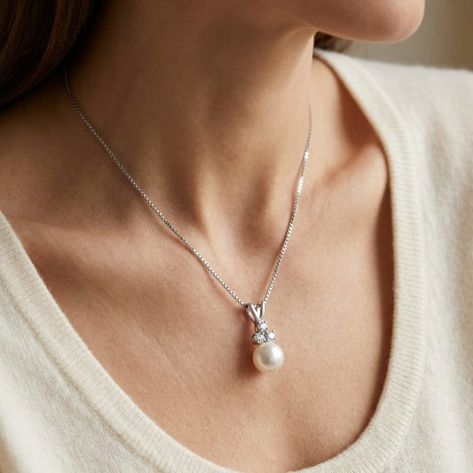 Cultured Pearl Pear Shape Pendant in 14K White Gold, worn close-up portrait