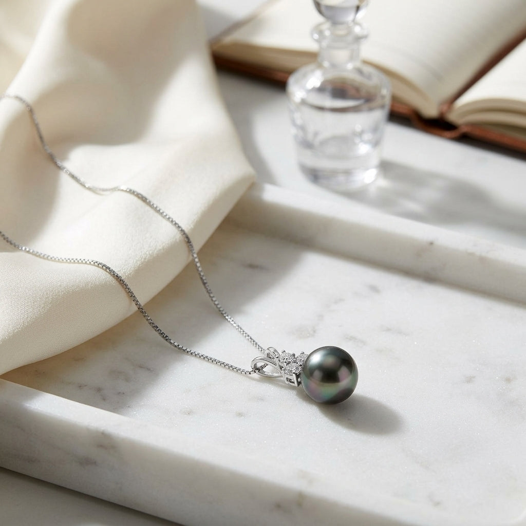 Black Tahitian Pearl & Diamond Drop Pendant in 14K White Gold - editorial