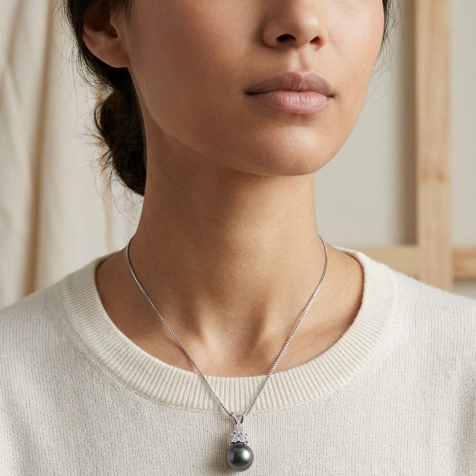 Black Tahitian Pearl & Diamond Drop Pendant in 14K White Gold - lifestyle
