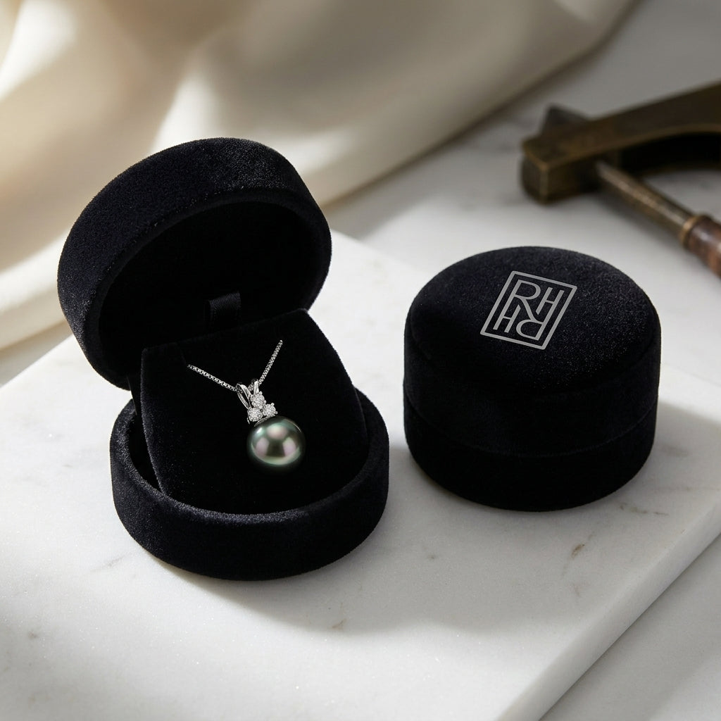 Black Tahitian Pearl & Diamond Drop Pendant in 14K White Gold - presentation