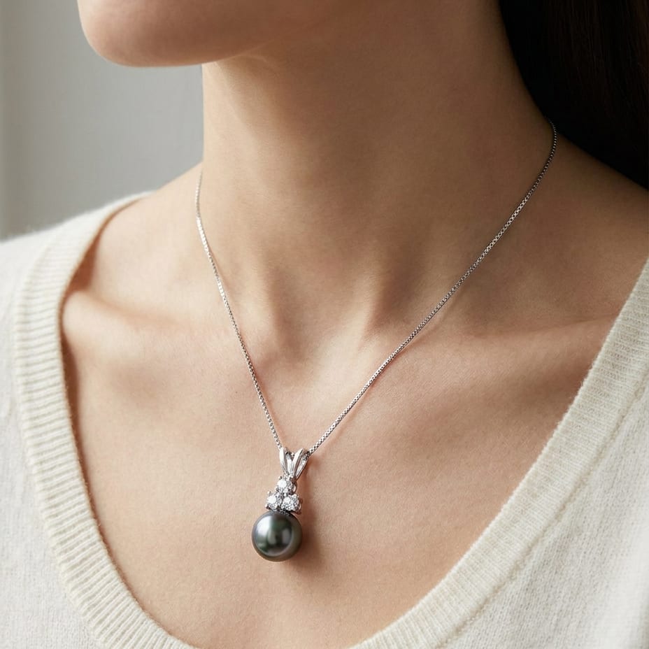 South Sea Pearl Pear Shape Pendant in 14K White Gold, worn close-up portrait