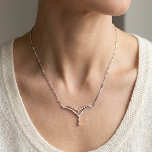 Diamond Pave And Prong Double Chevron Necklace In 14k White And Rose Gold, 16-18 Inch, worn close-up portrait