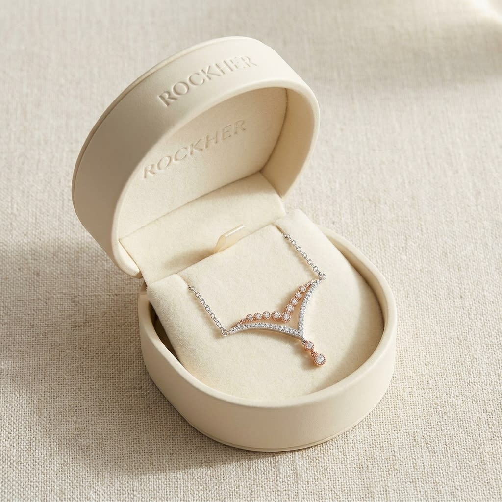 Diamond Pave And Prong Double Chevron Necklace In 14k White And Rose Gold, 16-18 Inch, in navy velvet jewelry box