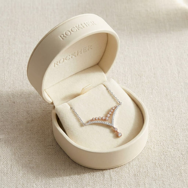 Diamond Pave And Prong Double Chevron Necklace In 14k White And Rose Gold, 16-18 Inch, in navy velvet jewelry box