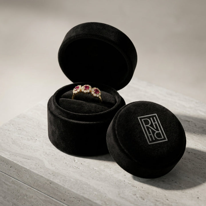 Ruby & Diamond 4-Halo Band in 14K Yellow Gold - presentation