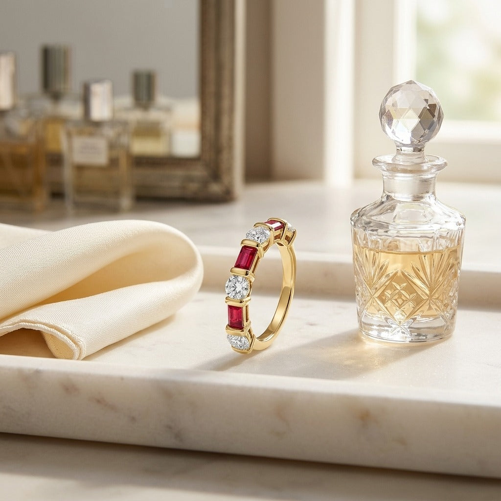 Ruby Baguette Alternating Channel Diamond Band in 14K Yellow Gold - editorial