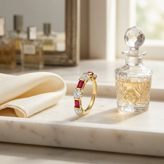 Ruby Baguette Alternating Channel Diamond Band in 14K Yellow Gold - editorial