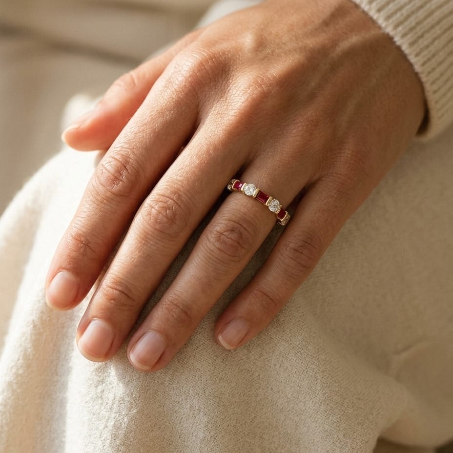 Ruby Baguette Alternating Channel Diamond Band in 14K Yellow Gold - lifestyle