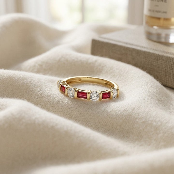 Ruby Baguette Alternating Channel Diamond Band in 14K Yellow Gold - flat lay