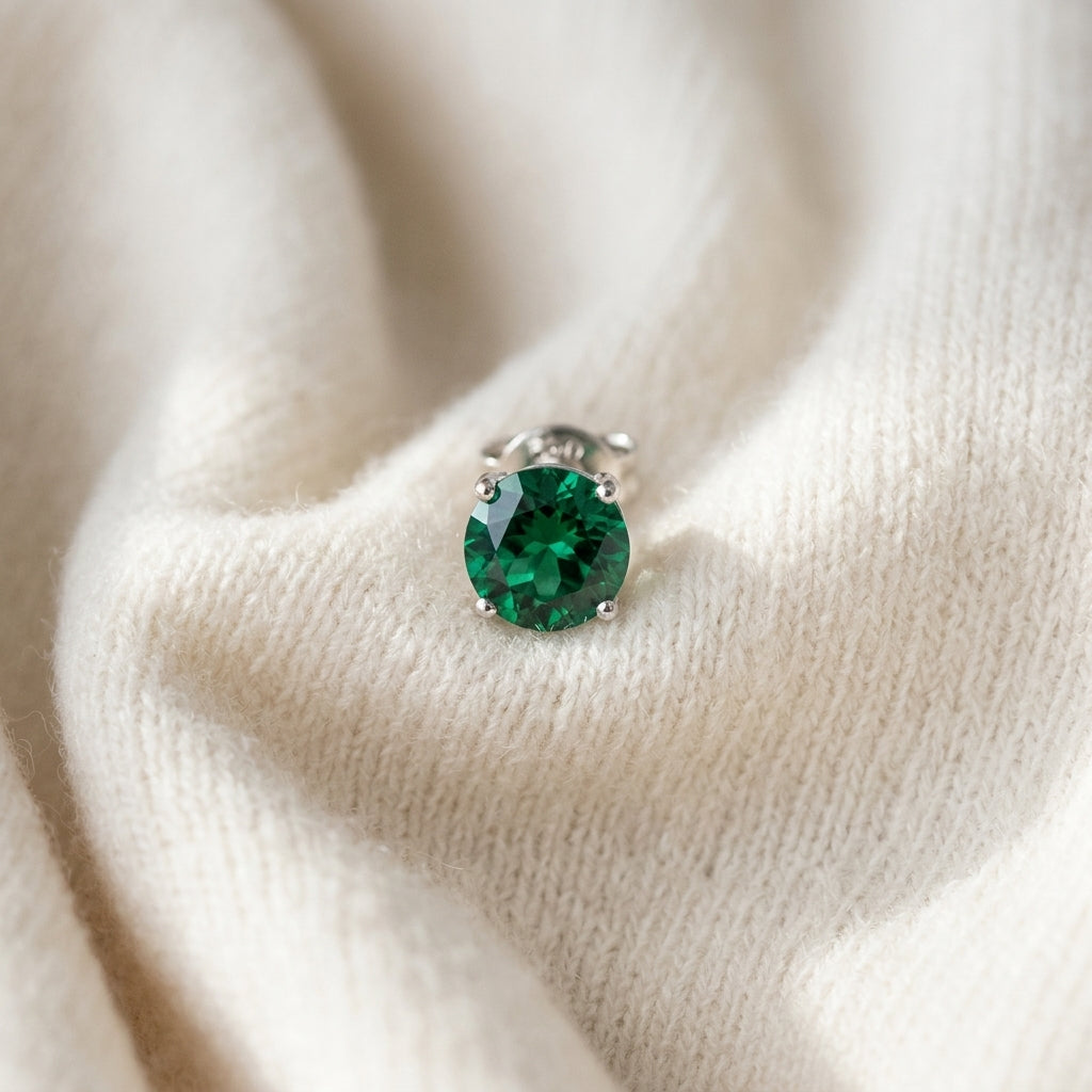 Created Emerald Round 4-Prong Stud Earrings with Screwbacks 6mm in 14K Yellow Gold - flat lay