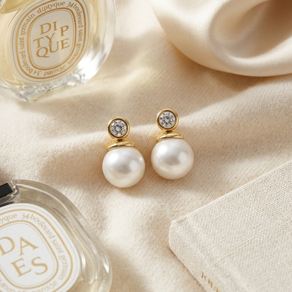 White Akoya Pearl with Diamond Earrings in 14K Yellow Gold - flat lay