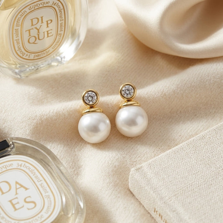 White Akoya Pearl with Diamond Earrings in 14K Yellow Gold - flat lay