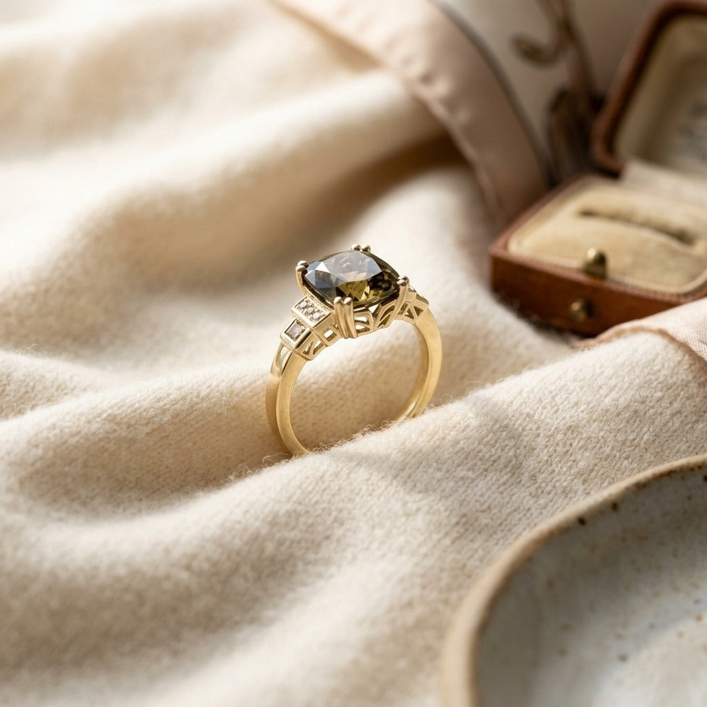 Citrine & Diamond Step Ring in 14K Yellow Gold - flat lay