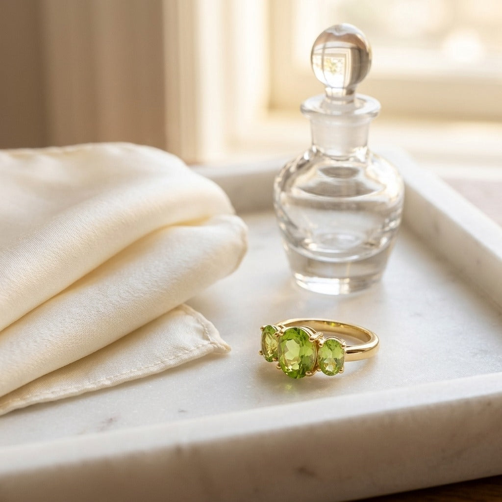 Peridot Oval Three Stone Ring in 14K Yellow Gold - lifestyle