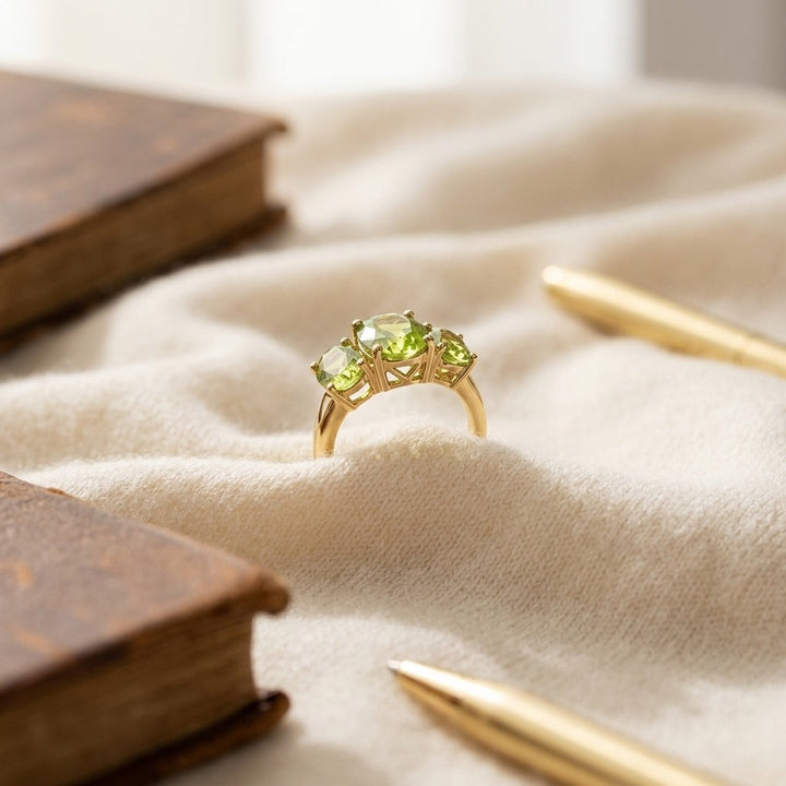 Peridot Oval Three Stone Ring in 14K Yellow Gold - flat lay