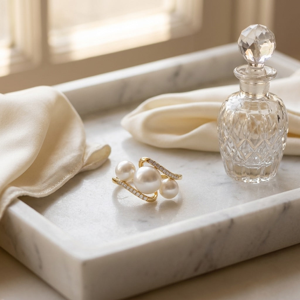 Freshwater Pearl & Diamond Trio Ring in 14K Yellow Gold - lifestyle