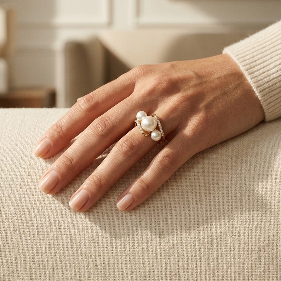 Freshwater Pearl & Diamond Trio Ring in 14K Yellow Gold - editorial