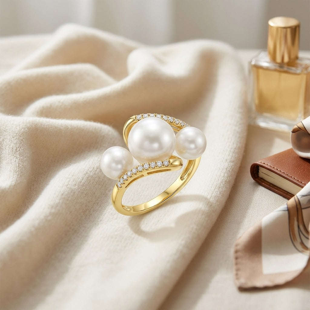 Freshwater Pearl & Diamond Trio Ring in 14K Yellow Gold - flat lay