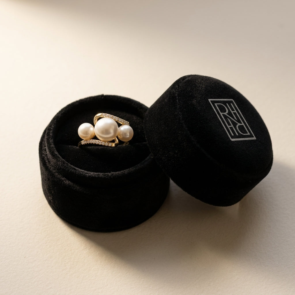 Freshwater Pearl & Diamond Trio Ring in 14K Yellow Gold - presentation