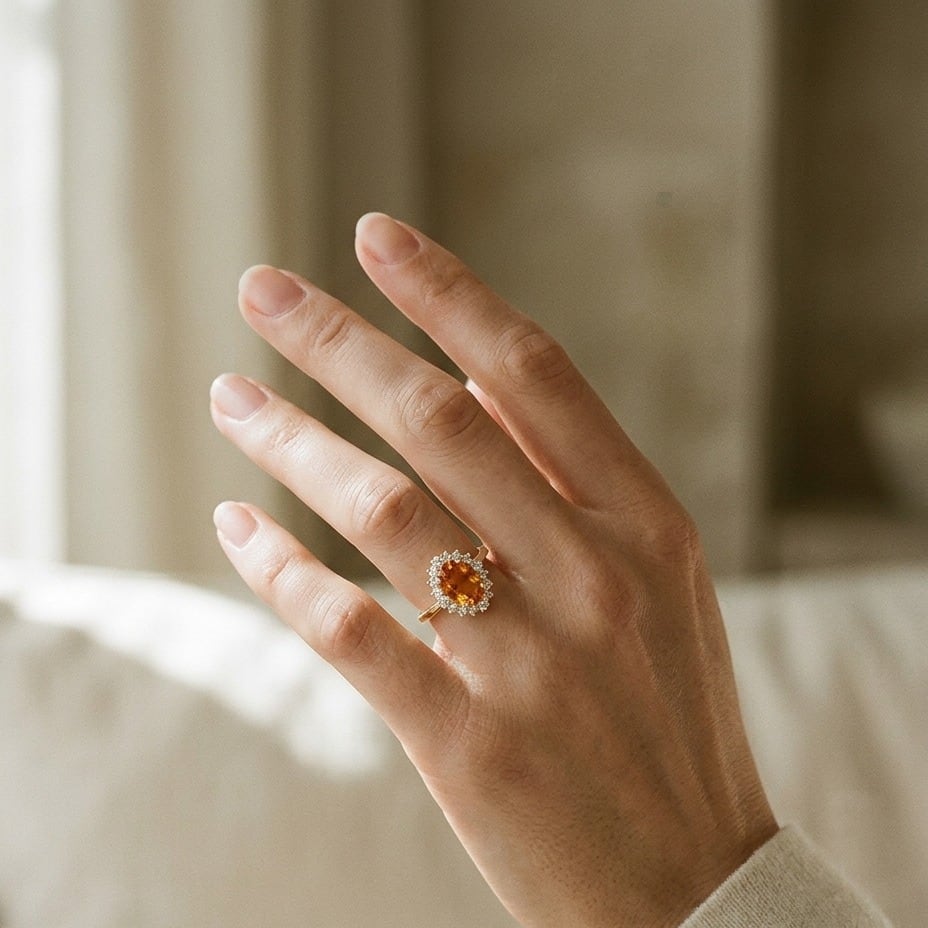 Citrine & Diamond Oval Border Ring Mounting in 14K Yellow Gold - lifestyle