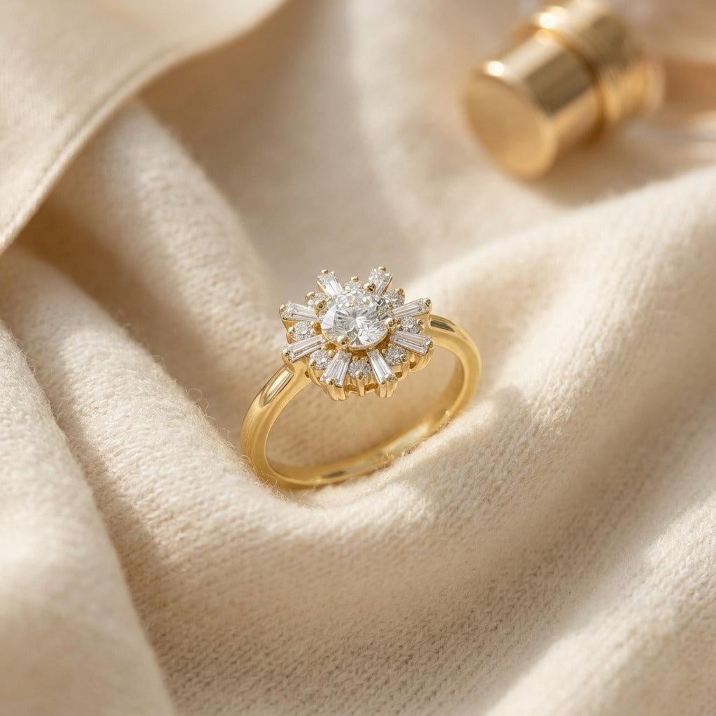 Diamond Round & Baguette Ballerina Ring in 14K Yellow Gold - flat lay