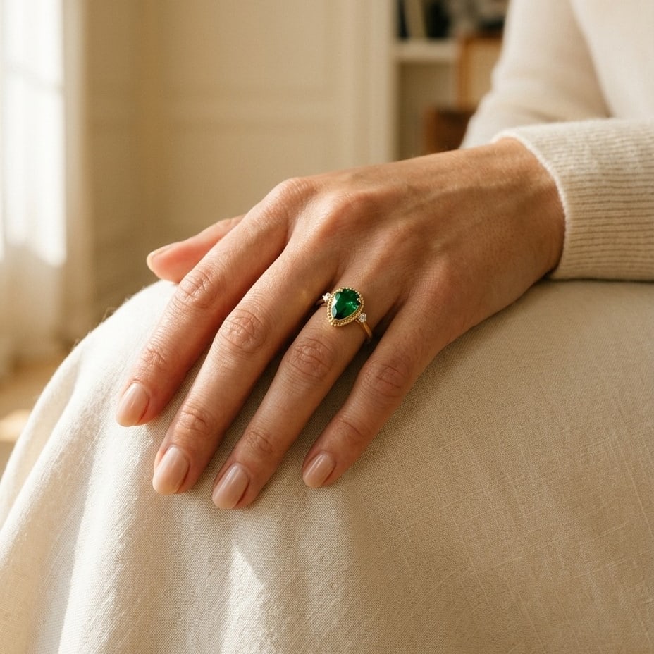 Created Emerald & Diamond 1/16ctw Ring Set in 14K Yellow Gold - lifestyle