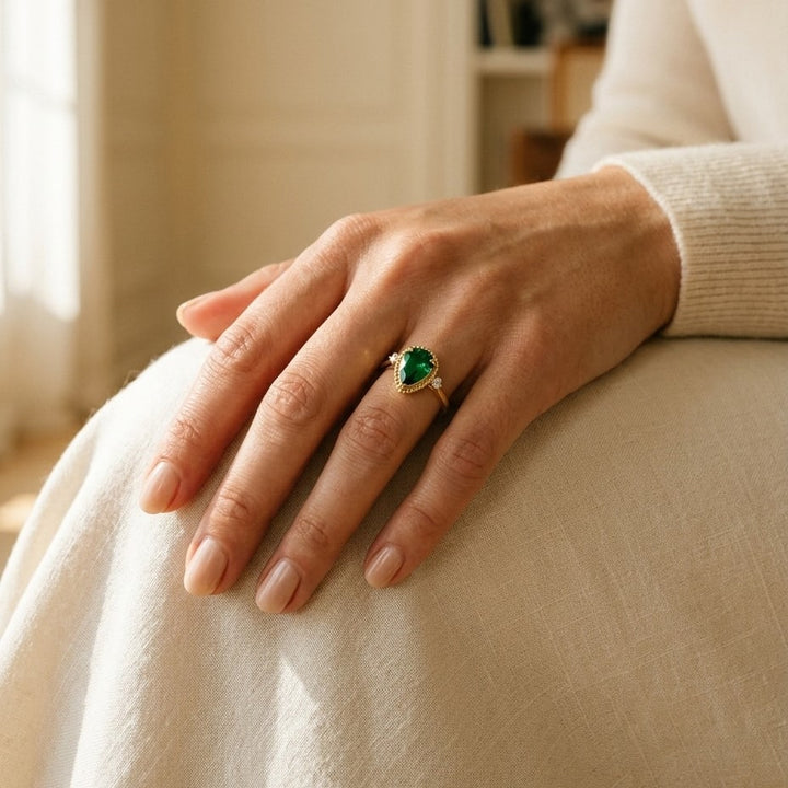 Created Emerald & Diamond 1/16ctw Ring Set in 14K Yellow Gold - lifestyle