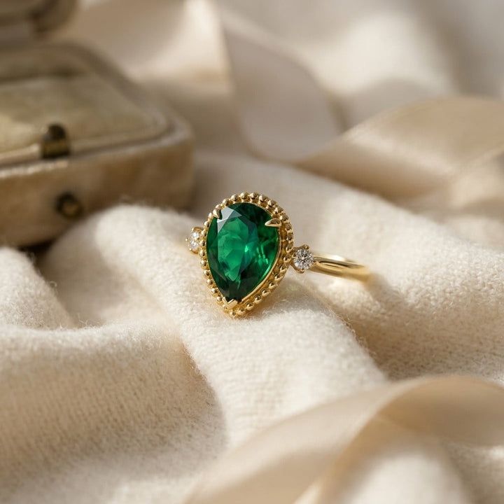 Created Emerald & Diamond 1/16ctw Ring Set in 14K Yellow Gold - flat lay