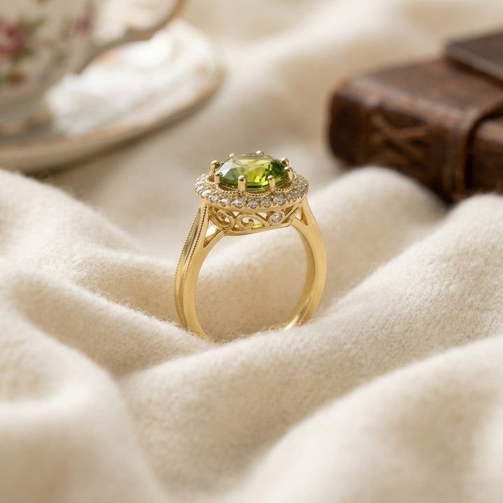 Diamond 1/6ctw & Peridot Ring Set in 14K Yellow Gold - flat lay