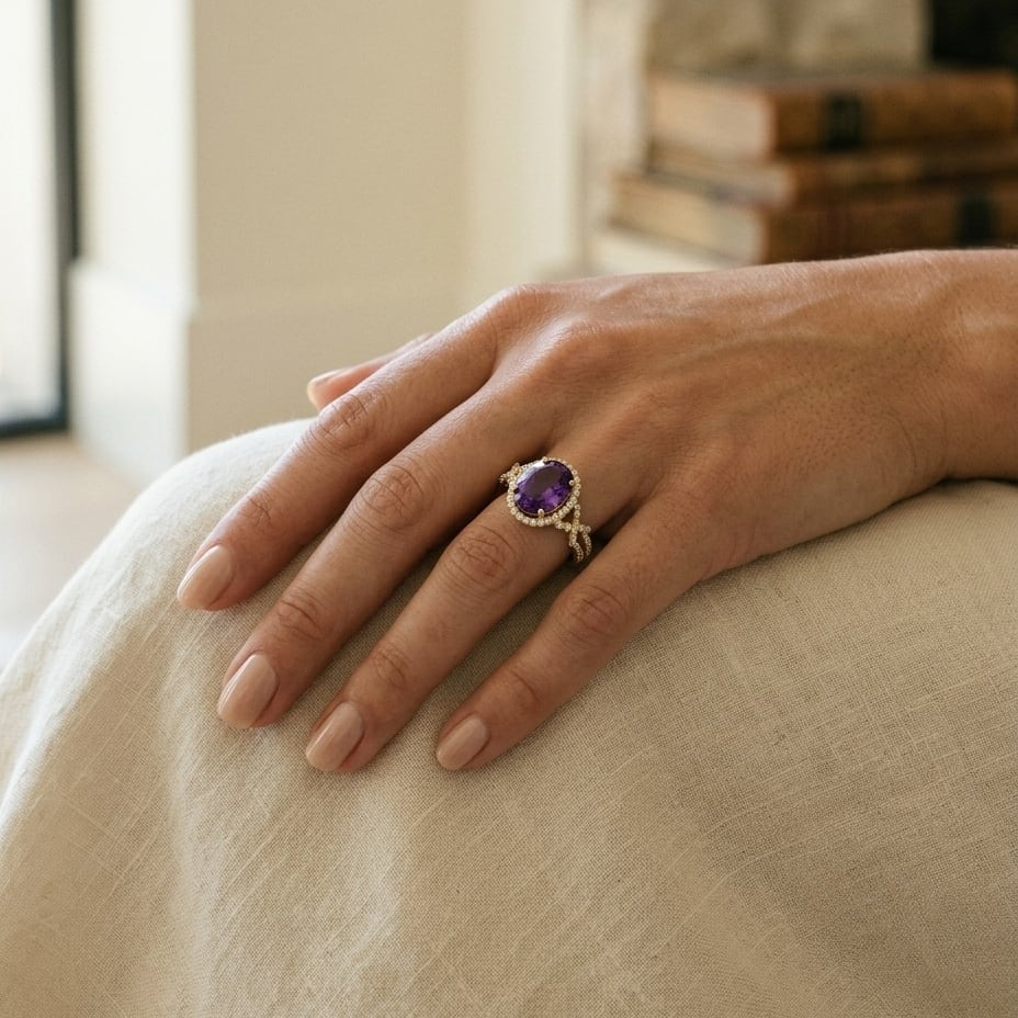 Amethyst & Diamond Oval Halo Ring 1/4ctw in 14K Yellow Gold - lifestyle