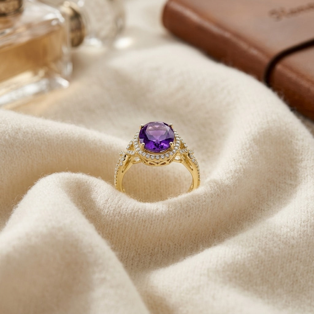 Amethyst & Diamond Oval Halo Ring 1/4ctw in 14K Yellow Gold - flat lay