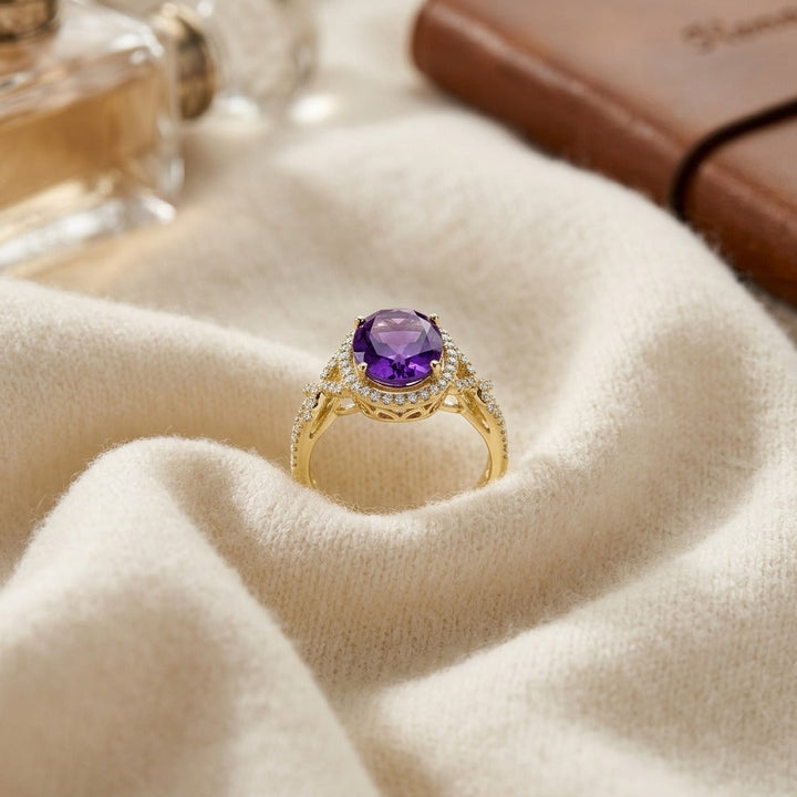 Amethyst & Diamond Oval Halo Ring 1/4ctw in 14K Yellow Gold - flat lay