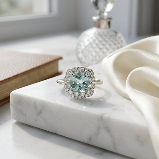Created Emerald & Diamond Cushion Lace Ring 3/8ctw in 14K Yellow Gold - editorial