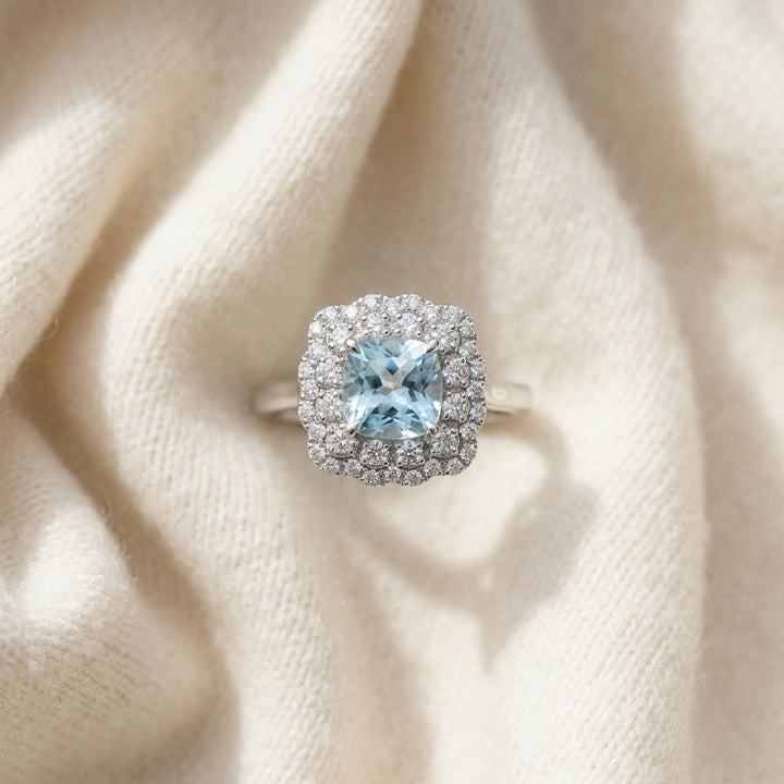 Created Emerald & Diamond Cushion Lace Ring 3/8ctw in 14K Yellow Gold - flat lay