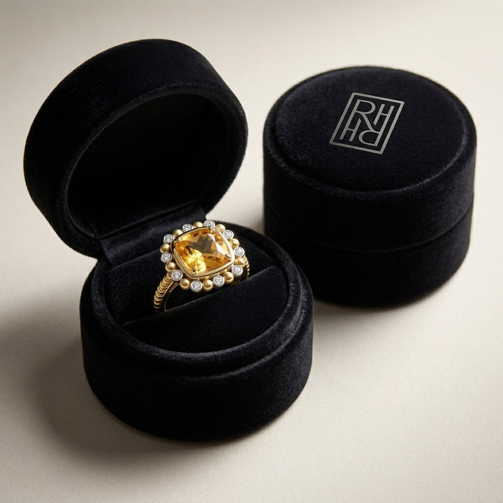 2.19ct Cushion Cut Citrine & Diamond Ring in 14K Yellow Gold - presentation