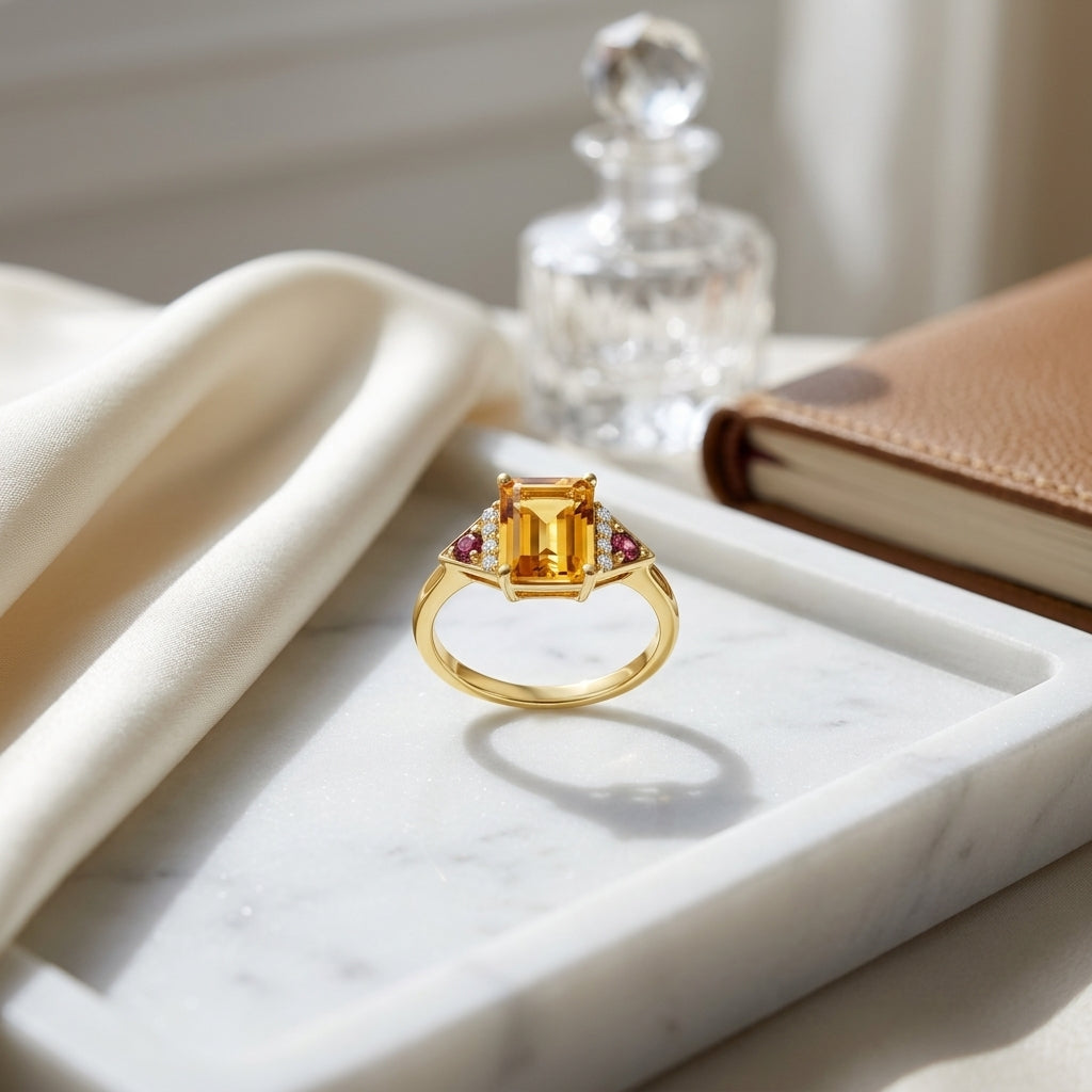 Citrine Rhodolite Garnet & Diamond Ring in 14K Yellow Gold - editorial