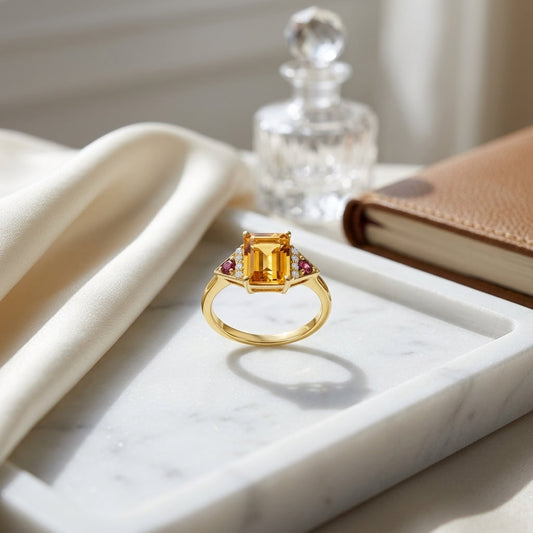 Citrine Rhodolite Garnet & Diamond Ring in 14K Yellow Gold - editorial