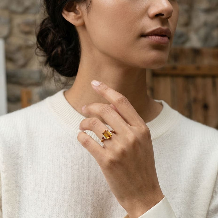 Citrine Rhodolite Garnet & Diamond Ring in 14K Yellow Gold - lifestyle