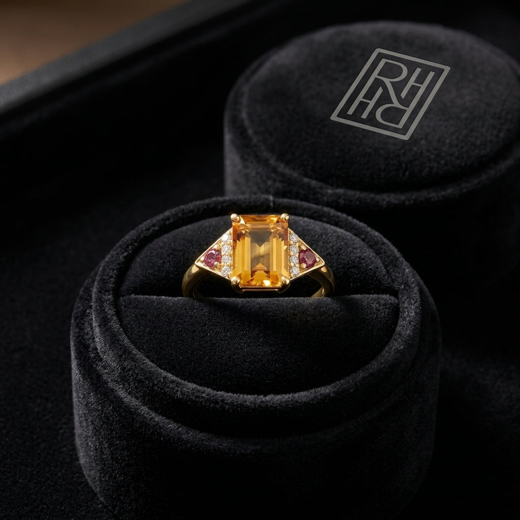Citrine Rhodolite Garnet & Diamond Ring in 14K Yellow Gold - presentation