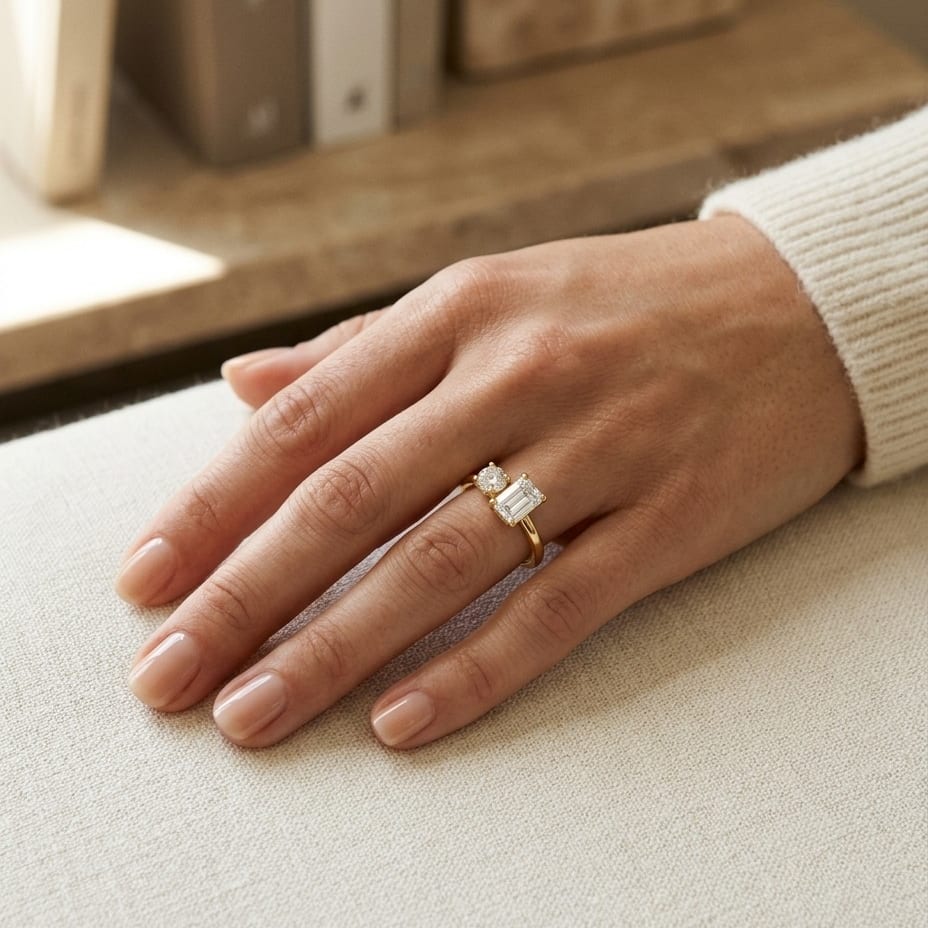 Round & Emerald Cut Diamond Ring in 14K Yellow Gold - lifestyle