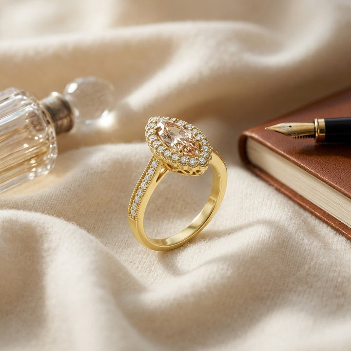 Morganite Marquise Halo Ring 1/4ctw in 14K Yellow Gold - flat lay