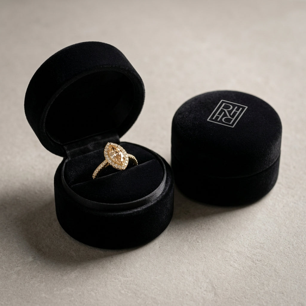 Morganite Marquise Halo Ring 14k Yellow Gold 0.24ctw, in navy velvet jewelry box