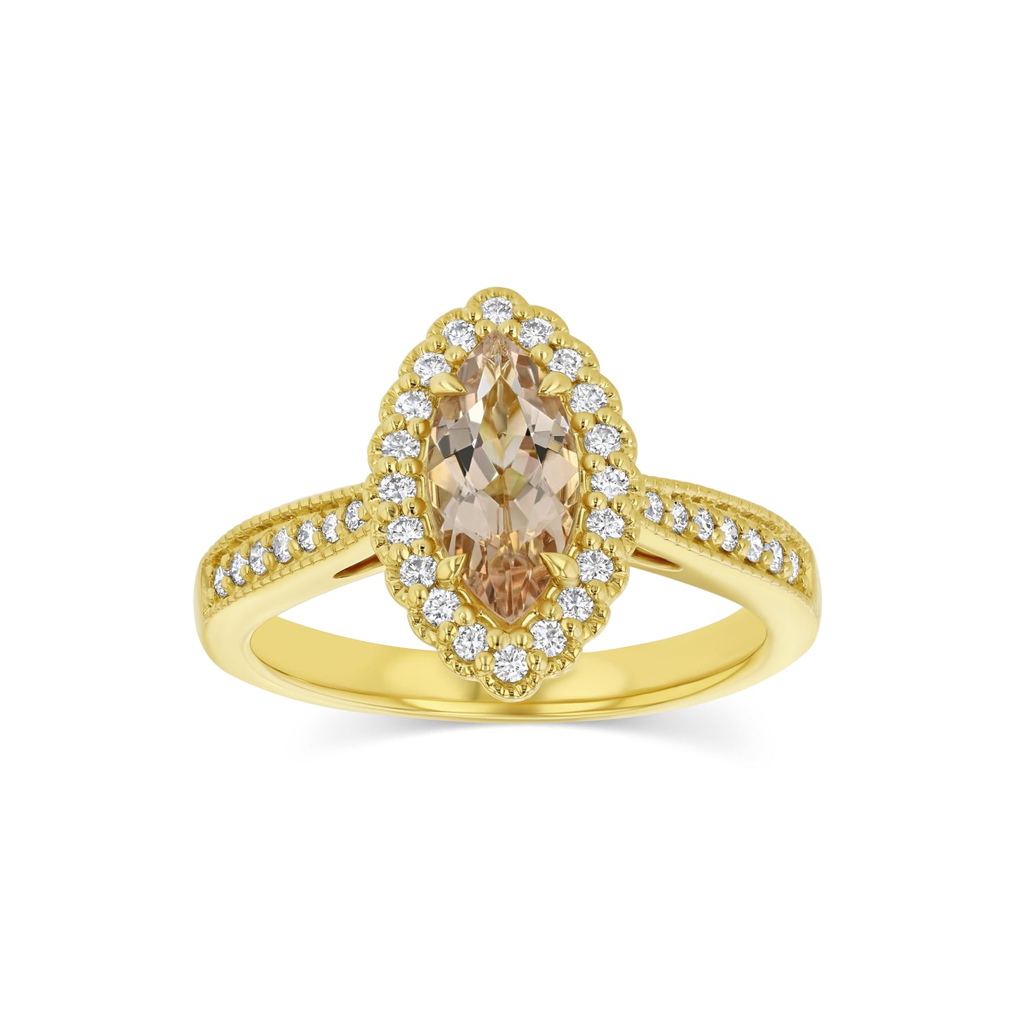 Morganite Marquise Halo Ring 14k Yellow Gold 0.24ctw – side profile | RockHer
