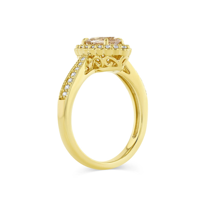 Morganite Marquise Halo Ring 14k Yellow Gold 0.24ctw – detail view | RockHer