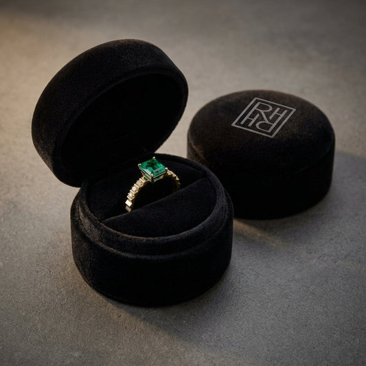 Emerald Octagon Corrugated Ring 14k Yellow Gold 0.12ctw, in navy velvet jewelry box