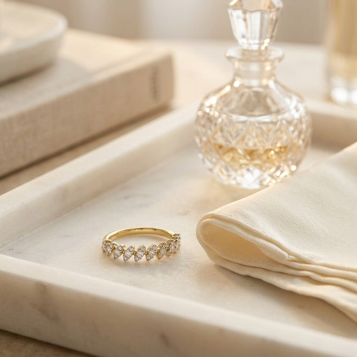 Diamond Tilted Leaf Band Ring 1/3ctw in 14K Yellow Gold - lifestyle
