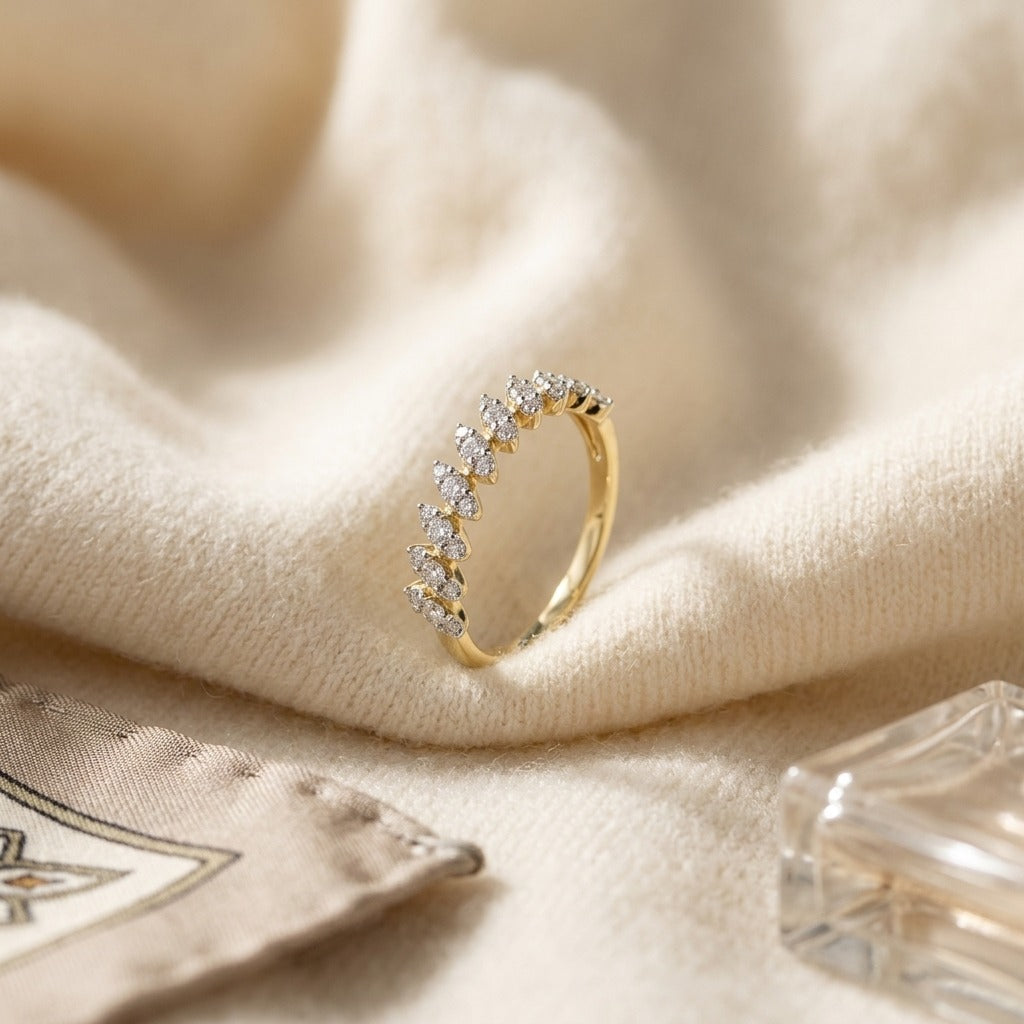 Diamond Tilted Leaf Band Ring 1/3ctw in 14K Yellow Gold - flat lay