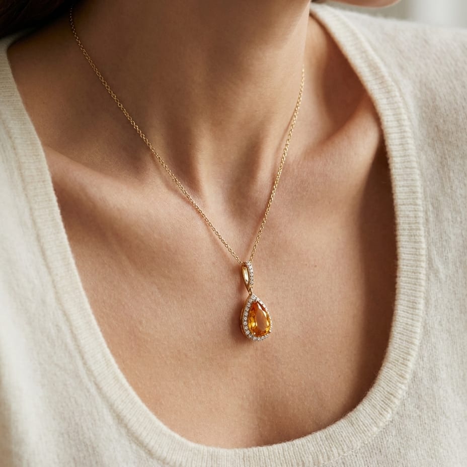 Citrine Pendant in 14K Yellow Gold, worn close-up portrait