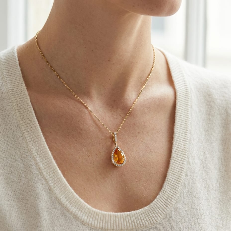 Citrine Pear Shape Halo Pendant in 14K Yellow Gold, worn close-up portrait